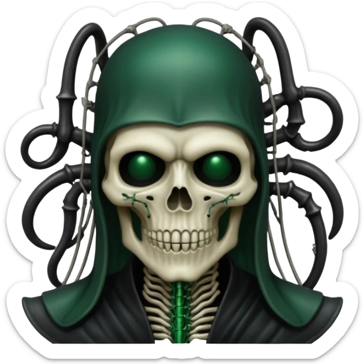 HR giger, wires, dark green, black flesh undead sorcerer, head. bones and skin sticker