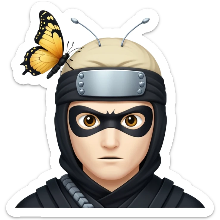 Crea una imagen con estos dos emoji 🥷🏻🦋
él ninja de piel blanca con la mariposa posada en cabeza como si estuviera volando. sticker