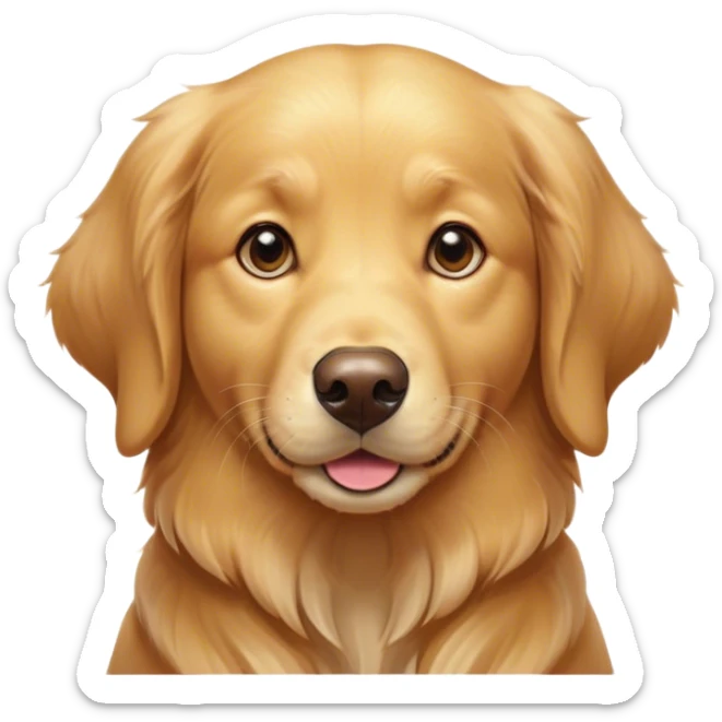 Cinematic Cute Golden Retriever Portrait Emoji, Head tilted playfully and inquisitively, showcasing a rich, glossy golden coat with a healthy sheen, round, sparkling brown eyes filled with curiosity, Simplified yet irresistibly adorable features, highly detailed, glowing with a warm, friendly glow, high shine, affectionate and lively, stylized with a touch of whimsy, bright and endearing, soft glowing outline, capturing the essence of a mischievous yet loving companion, so playful it feels like it could leap out of the screen and into your arms! sticker