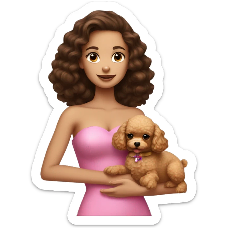 Brunette girl in pretty pink strapless top holding a golden toy poodle sticker