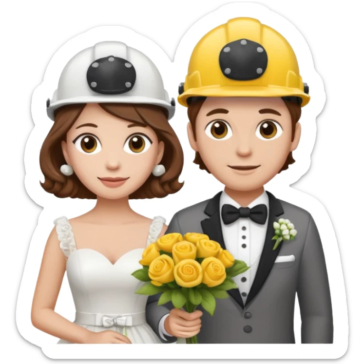 bride and groom couple, both with brown hair, bride has curlers in her hair, both wearing construction helmets and flats, bride holding bouquet, emoji style sticker