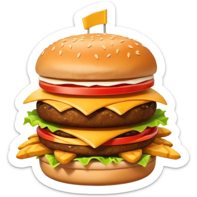 A clean and simple icon of fast food in emoji-style illustration. A burger with fries, naggets and shaverma, bright and bold colors, simple shapes, flat design, high contrast, inviting and appetizing. sticker