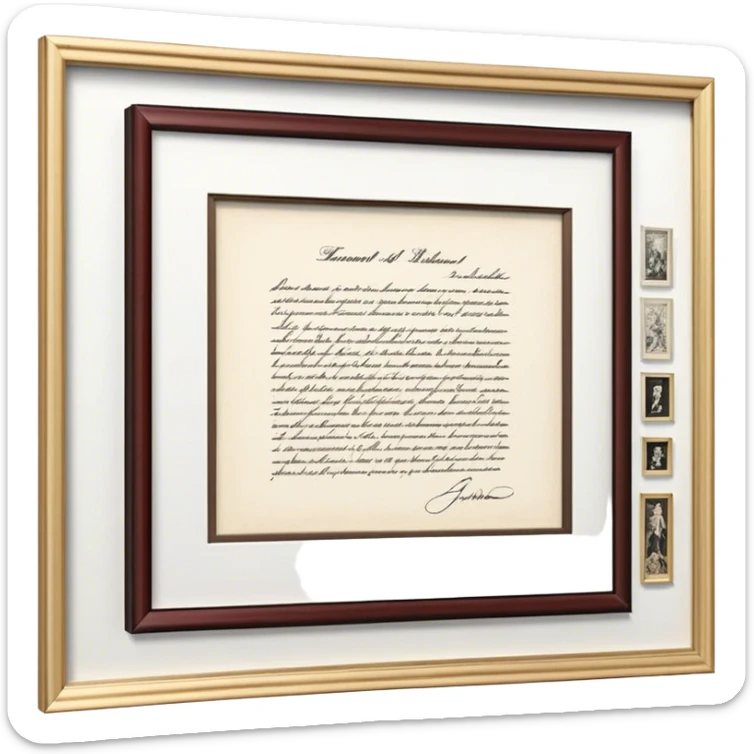 Icon for Autograph Collecting: a signed piece of paper or book page with a famous signature, surrounded by a collection of several framed autographs. Transparent background. sticker