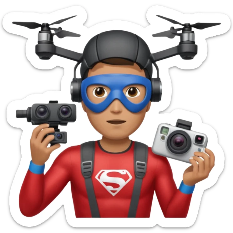 Super hero photographe, gopro sur la tête, masque fpv sur les yeux. Un drone à côté de lui. Il tiens un appareil photo reflex. sticker