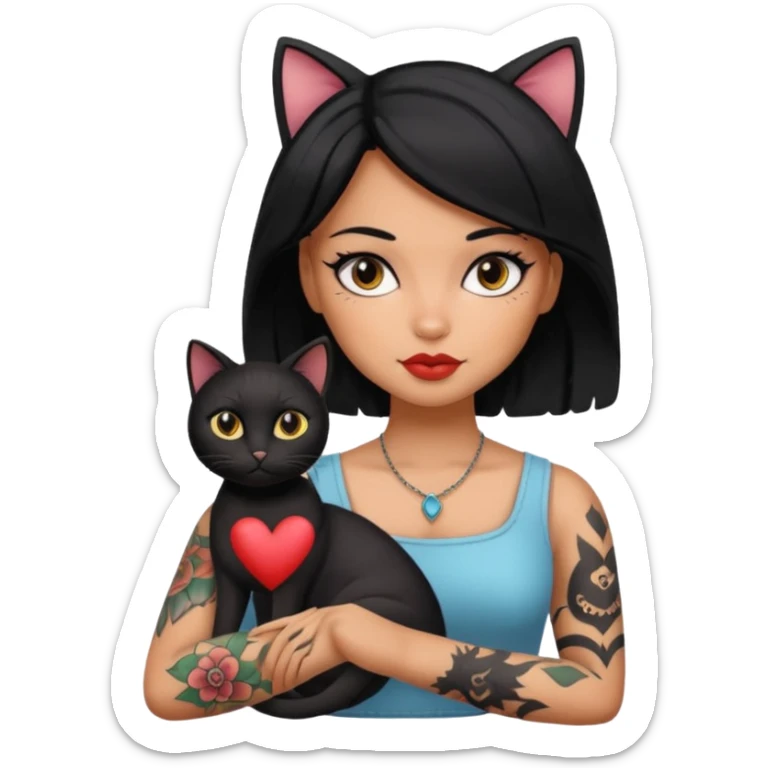 Arm tattoo ,beautiful, woman, doll, black hair with black cat sticker