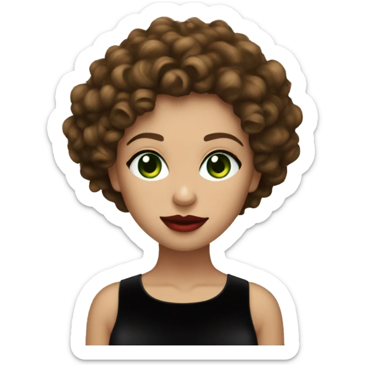 Curly woman in a black short velvet dress green eyes brown hair red lips sticker