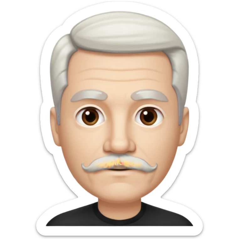 50 yr old white man, pale skin half black, half white hair, side swept part, groomed moustache and goatee sticker