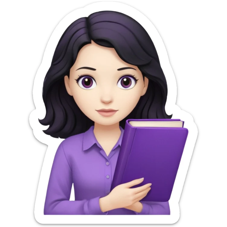 Long Hair Women with Black wavy hair, with purple Book, beige shir, without background sticker