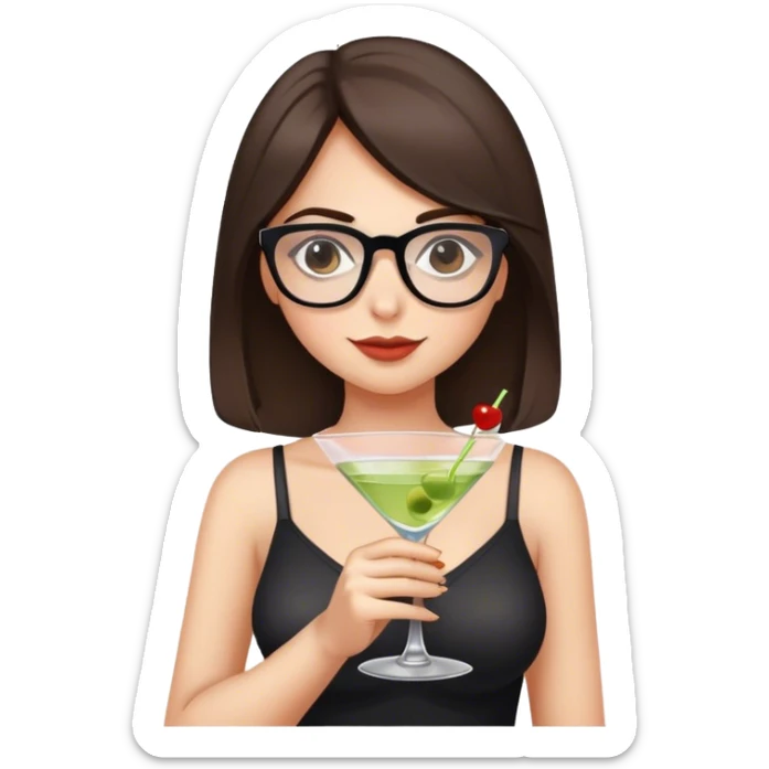white girl shoulder length dark brown hair glasses and busty holding a martini sticker
