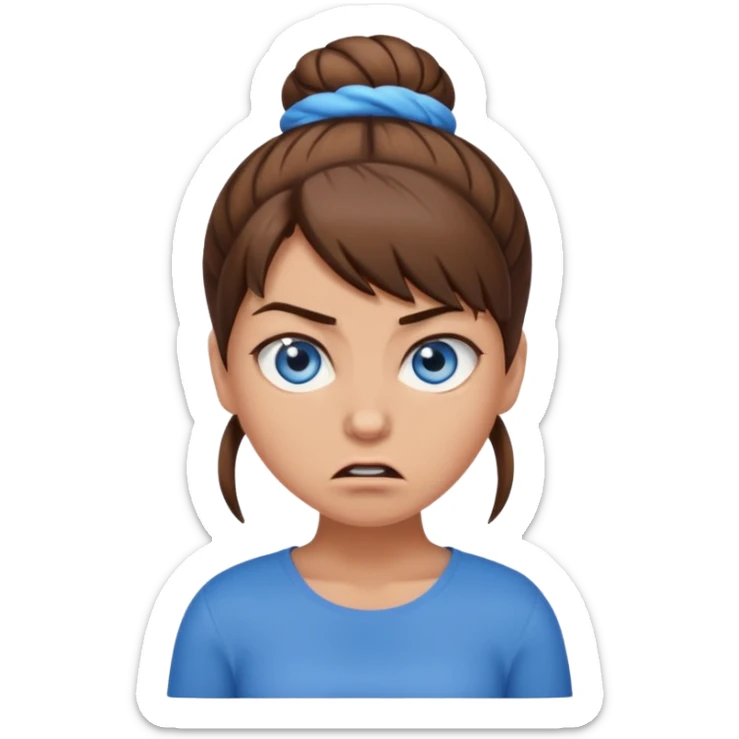 girl with blue eyes, brown hair in an angry brown bun sticker