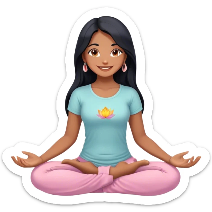 Cute chibi-style illustration of an Argentinian woman with long black hair, sitting in a lotus position, beaming with happiness, with a joyful, radiant smile and sparkling, expressive eyes, wearing clothing in color #8968A6, soft pastel shading, clean and smooth lines, white background, warm and friendly digital cartoon style, highly detailed, 8k resolution
 sticker