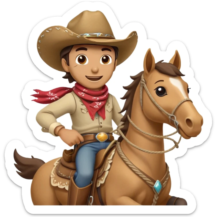 clash-of-clans-aesthetic_-cinematic-playful-cowboy-portrait-emoji, head-tilted with a roguish, cheeky grin and twinkling eyes, featuring a rugged, spirited build with a wide-brimmed cowboy hat and a rugged bandana, tan skin-tone, riding a galloping horse with reins in one hand and a lasso in the other, dust trailing behind. sticker