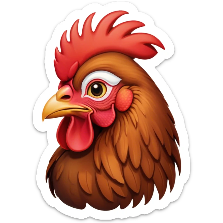 Cinematic Noble Brown Rooster Portrait Emoji, Poised and regal, with a robust, commanding build and a rich, well-groomed brown plumage, deep-set soulful warm eyes, Simplified yet sharp and sophisticated features, highly detailed, glowing with a soft, dignified glow, high shine, intelligent and proud, stylized with an air of rustic majesty, focused and attentive, soft glowing outline, capturing the essence of a watchful and confident leader, so majestic it feels as though it could crow out of the screen with effortless authority! sticker
