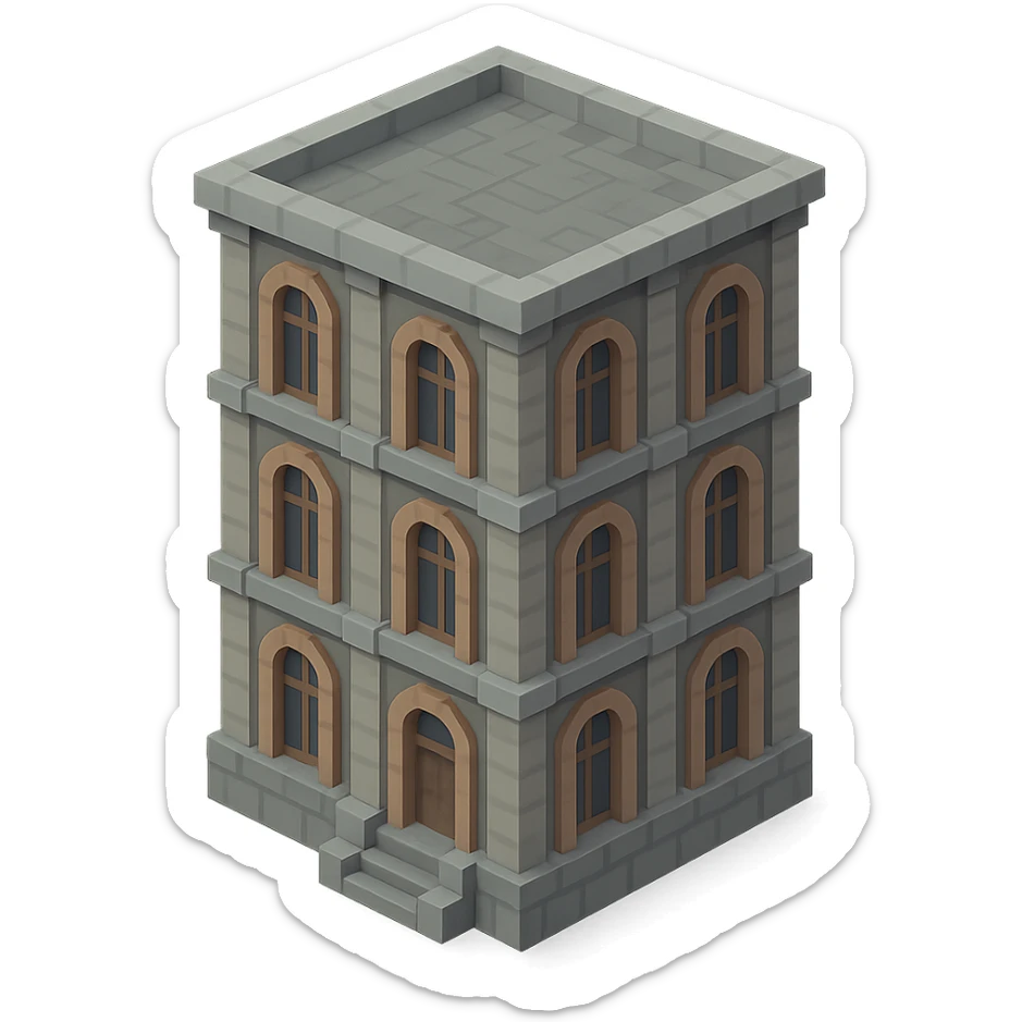 old Saint Petersburg building in voxel style, muted gray and brown colors, tall arched windows, isometric view sticker