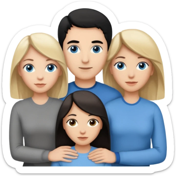 3 people. Blank woman with blond hair and blue eye color on left. And also a blank man with black hair and grey eye color in the middle. And a blank woman with brown hair and grey eye color on the right. Holding each other  sticker