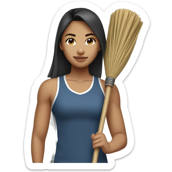 Mid 30 year old filipina holding broom stick westing gym clothes  sticker