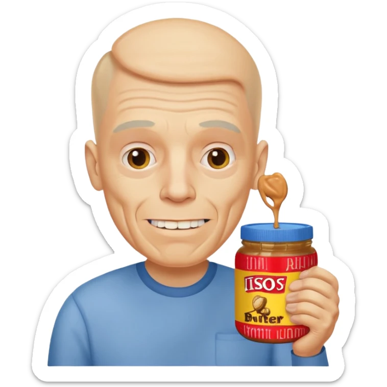 White man, barely any hair, lots and lots of wrinkles, bad yellow teeth, and peanut butter. Cerebral palsy sticker