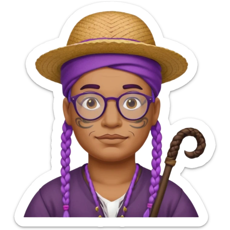 tattoed face, normal glassess, fat venice gondolier with iconic hat and purple braided hair sticker