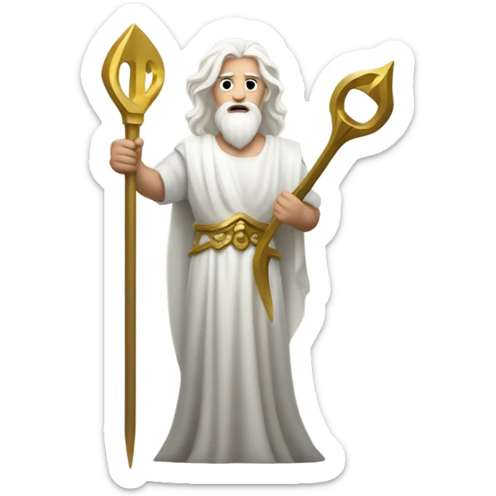 white man Poseidon with gold trident. long white hair white dress. wrench in hand sticker