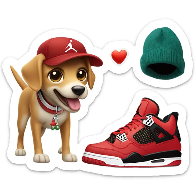 Dog with big tuna fish in mouth and fishers hat wearing Jordan 4 needs and Nike sweater sticker