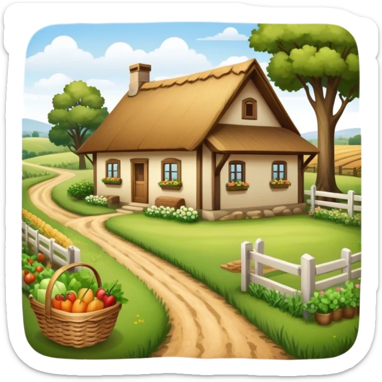 Icon for Rural Tourism: a peaceful countryside scene with a wooden cottage, a dirt path, grazing animals, and a basket of fresh produce. The icon should represent the tranquility and charm of rural life. Transparent background. sticker