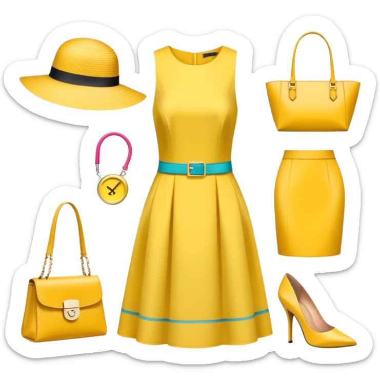 Icon for Fashion Design: a clothing scheme, a stylish hat, a bright dress, shoes, and a handbag with measurements, a measuring tape and a pencil. The emoji should represent the creative and precise process of fashion design. Transparent background. sticker