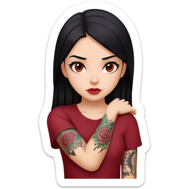 beautiful girl with black straight hair, dark red shirt, brown eyes, with tattoo in her forearm  sticker