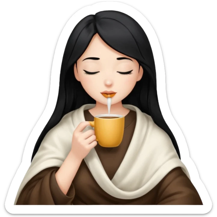 black hair girl long hair inside a white milky satin blanket sipping coffee eyes closed sticker