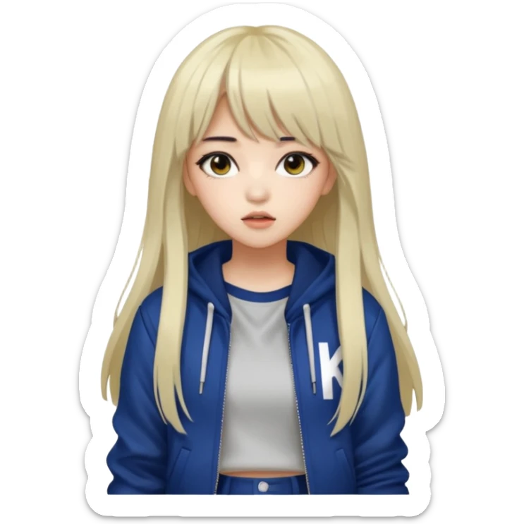 Portrait of a female K-pop idol, wearing a stylish streetwear outfit with layered clothing, long hair with bangs, makeup, cool face sticker