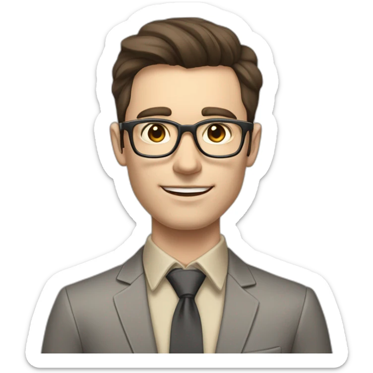 Pale skinned fit man with dark brown hair in gray jacket, beige office shirt, brown tie, brown pants and vintage glasses Writing on the flipchart sticker