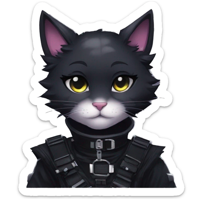 Gorgeous furry gothic dark techwear anime style anthro black cat furry with blushing face aesthetic and pretty edgy black with collar and harness trending style sticker