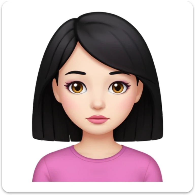 normal girl emoji, long hush cut hair, black hair, clean makeup, pink background sticker