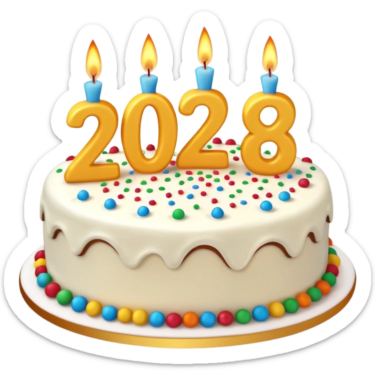 A festive New Year cake with lit candles shaped as the number 2026,
warm lighting, celebratory atmosphere,
soft background, high quality, clean composition sticker