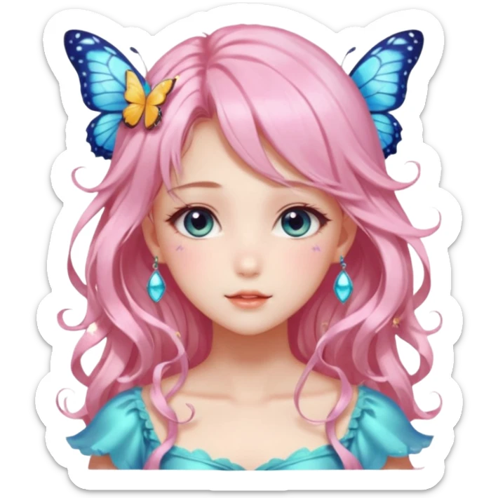 gorgeous shiny blushing anime lady with butterflies and beautiful hair fairycore high quality detailed vogue trending aesthetic sticker