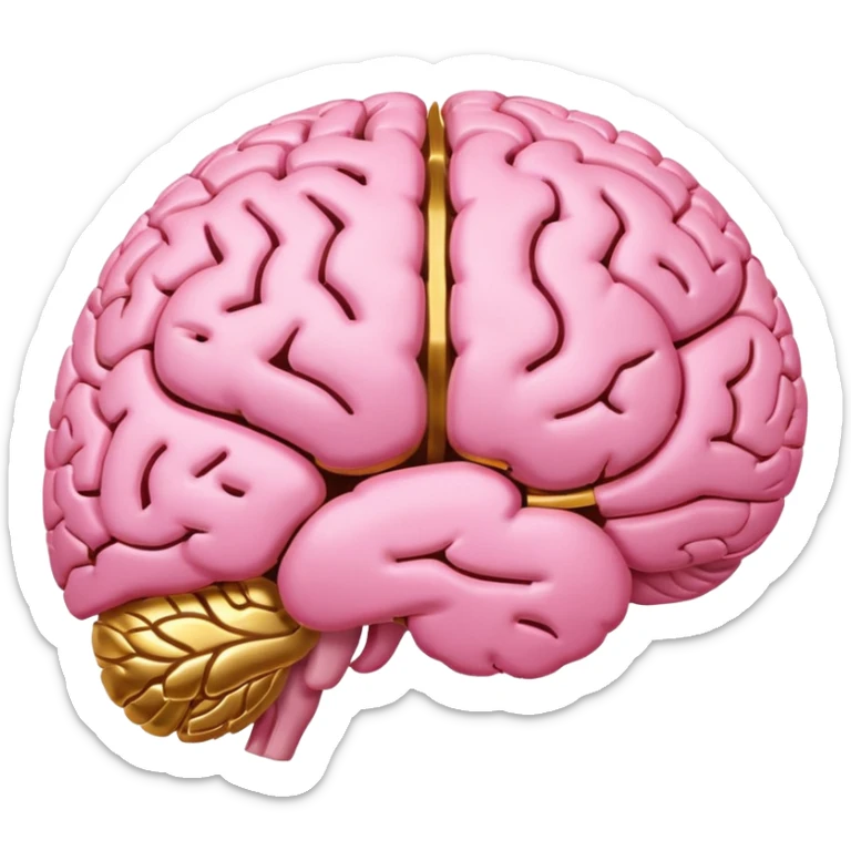 A pink brain with elegant golden details and accents. In the center of the brain, there's a clean, empty space or hollow area, as if a part is carved out. sticker