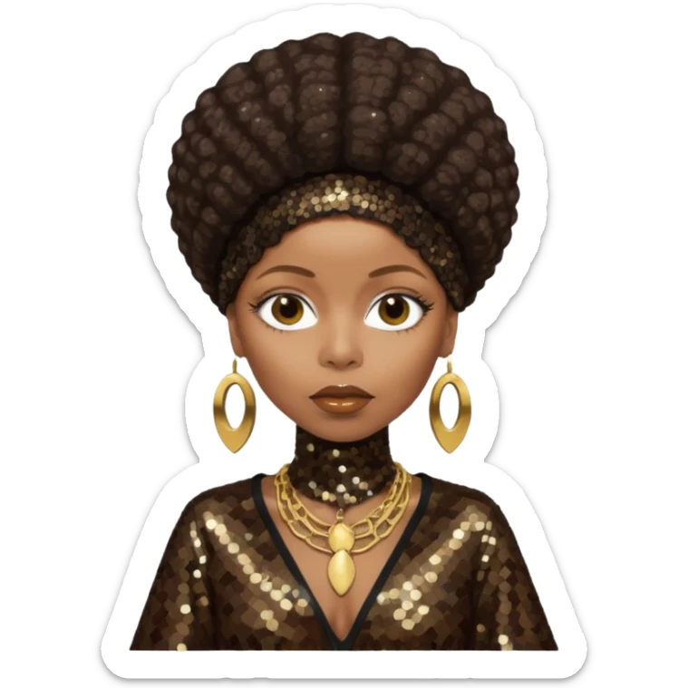 Erykah Badu with dark brown hair, dark brown sequin outfit sticker