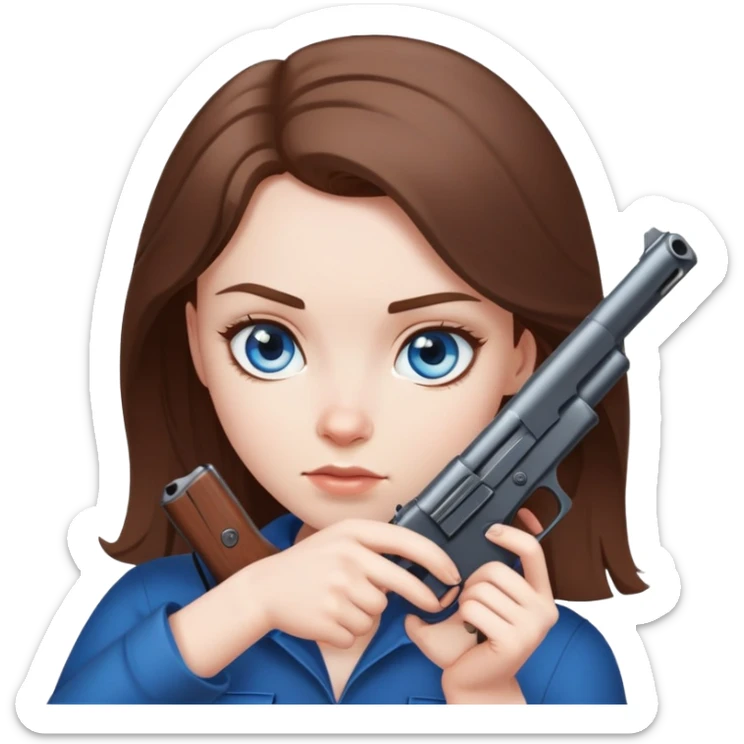 White girl with blue eyes and brown hair holding gun to the camera sticker