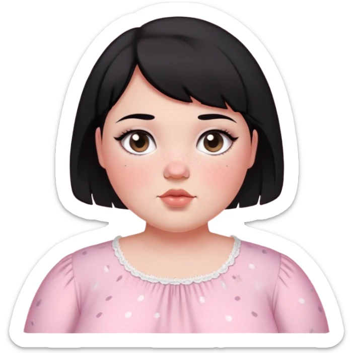black short haired chubby girl with black eyes and fair skin with freckles in a light pink coquette blouse sticker