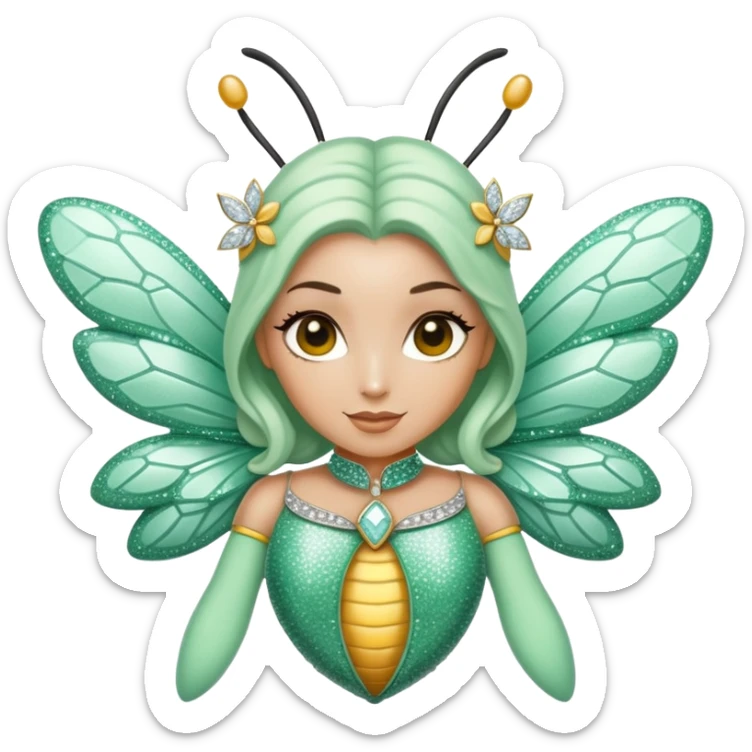Mint green woman bee with diamond wings, sparkly rhinestones, and glitter accents sticker