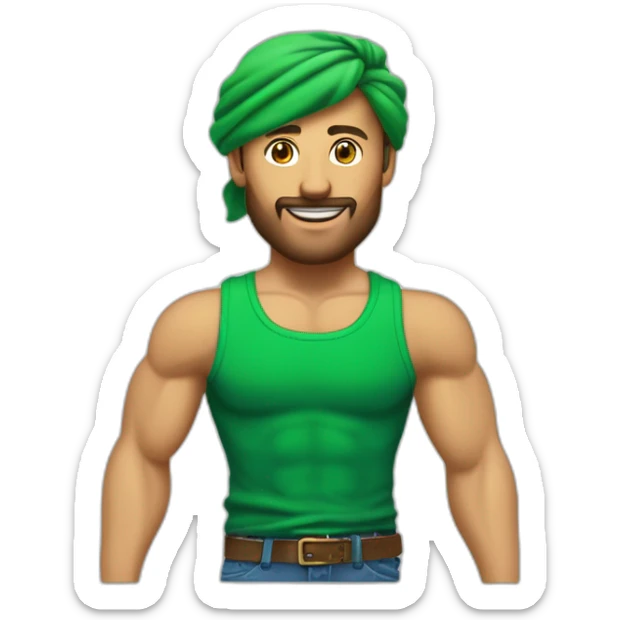 Homme aux cheveux verts très musclé et a  une cicatrice à l’œil gauche. Il porte une chemise blanche. Il a un bandana vert et porte 3 pendentifs dorés à l’oreille gauche  sticker