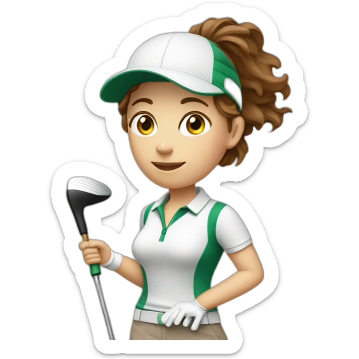 female with brown wavy hair dressed in golfwear with golf club and golf ball sticker