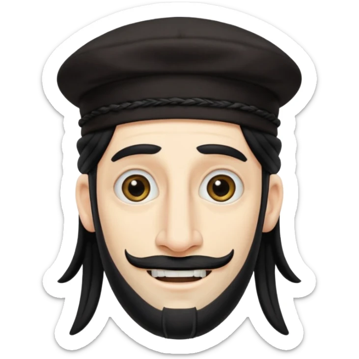 Jewish white man emoji with long dread black hair on the sides and jewish judaism hat, long big nose and crooked teeth sticker