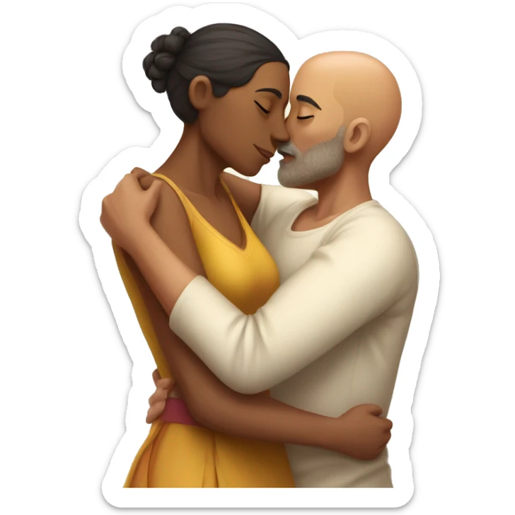 A indian race man with shaved head kissing a mixed woman with curly hair short, Who embrace each other tenderly sticker