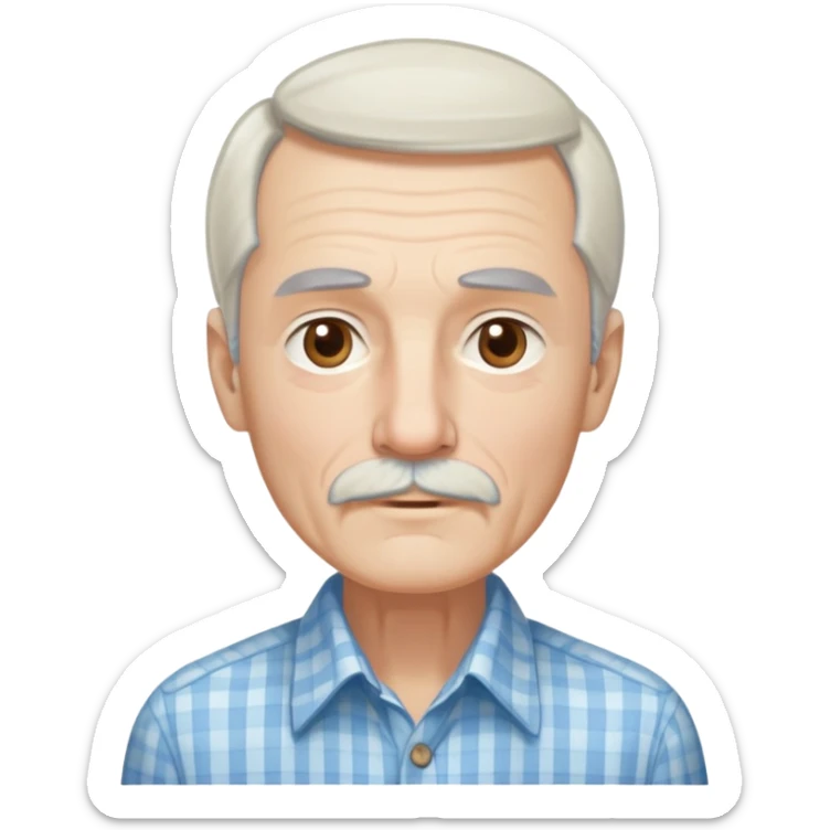 Skinny man in his 70s with fair skin. Long narrow face. Gentle light brown eyes. Fine straight white hair with light bangs, hair length extends below the ears. Thin eyebrows. White goatee connected to mustache. Slender appearance. Wearing a light blue and beige checkered button-up shirt. sticker