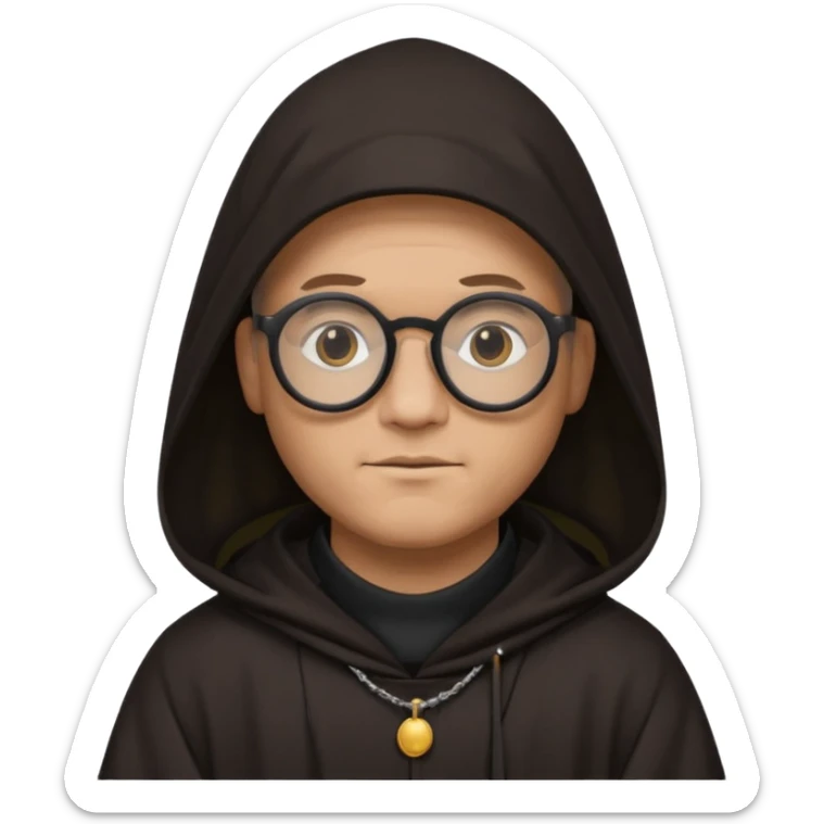 Monk priest prayer black habit with hood round black glasses done light brown wavy hair under hood  sticker