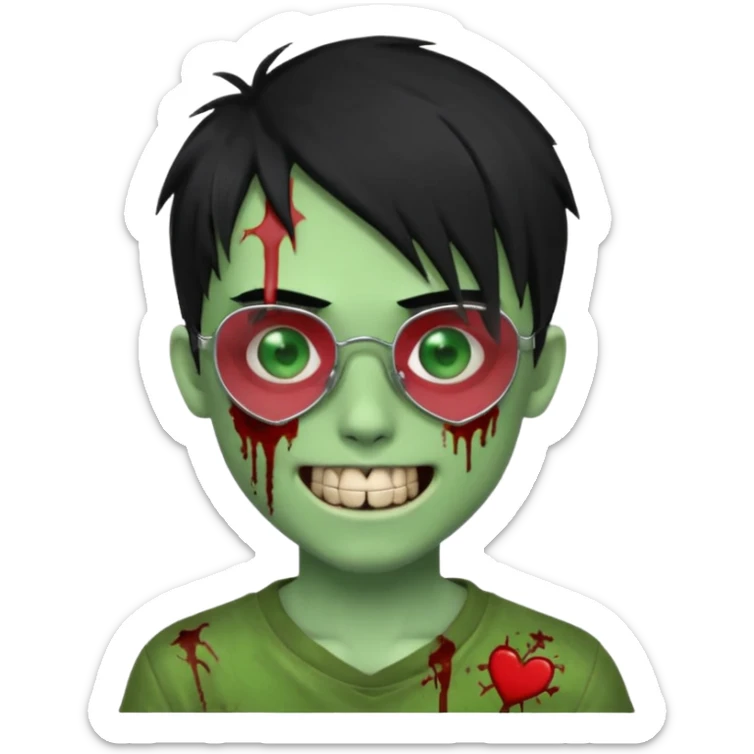 Zombie emo boy, green skin and black hair, chrome heart glasses and a scary cut open smile, scars and blood under eyes sticker