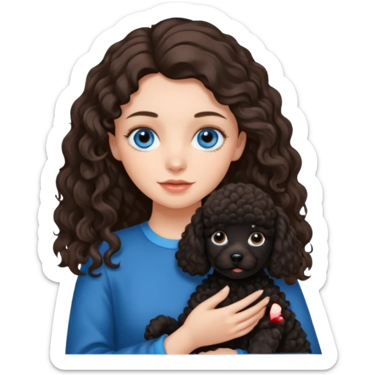 Brunette girl with long wavy hair and blue eyes holding one black puppy poodle with brown eyes. No decoration on the dog.  sticker