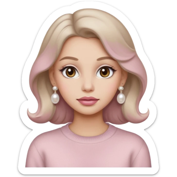 “Emoji girl, soft matte skin, neutral taupe eyeshadow, light rose lips, subtle contour, pearl earrings, loose waves, wearing cream cashmere sweater.” sticker
