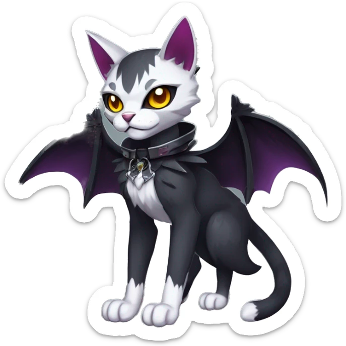   cool edgy beautiful anime-style ethereal dark-punk-themed animal vampiric cat-hybrid Fakemon with fangs and bat-wing-ears with a collar full body sticker