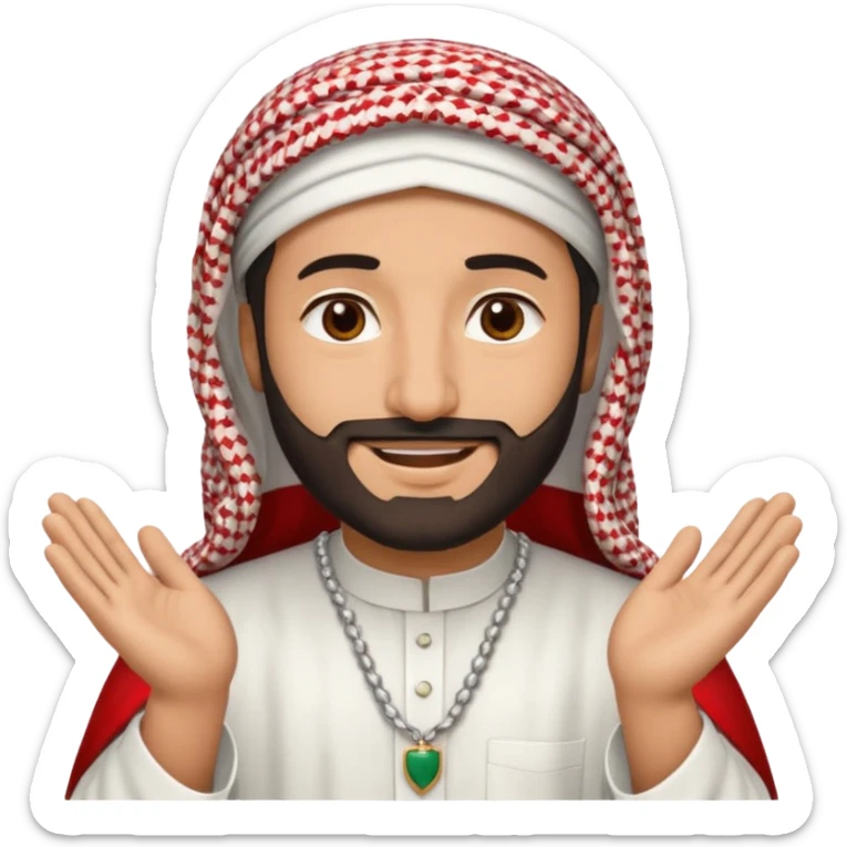 detailed iPhone-style emoji of a Saudi man in white thobe, red-and-white shemagh with black agal, short beard, brown eyes, smiling, both hands visible sticker